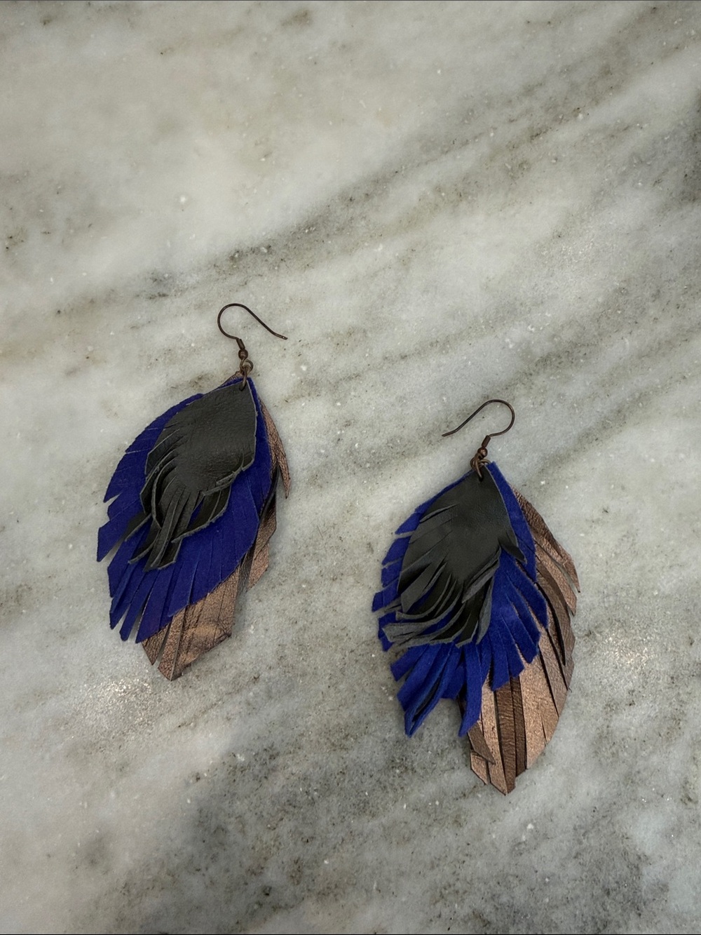 Noonday Collection Blue and Bronze Layered Feather Drop Earrings